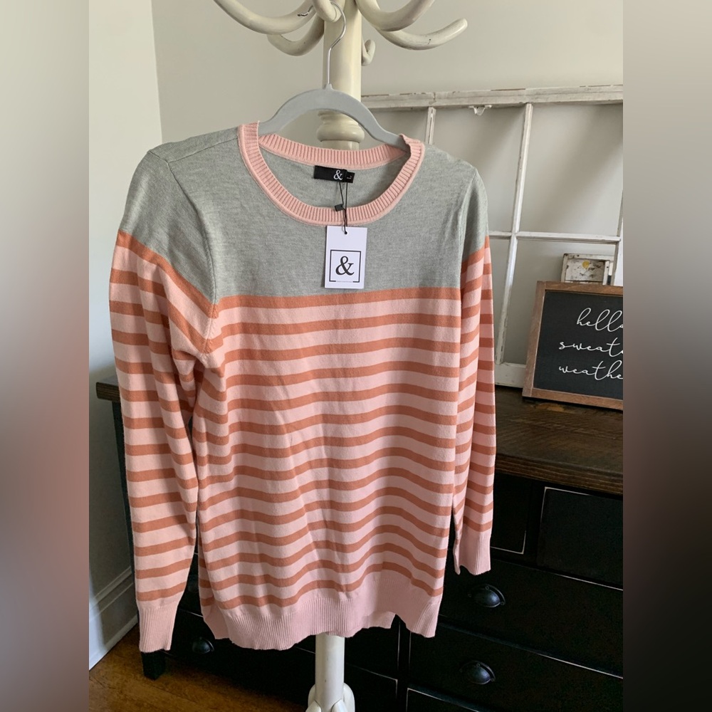 AMPERSAND AVE Gray and Pink Striped Sweater